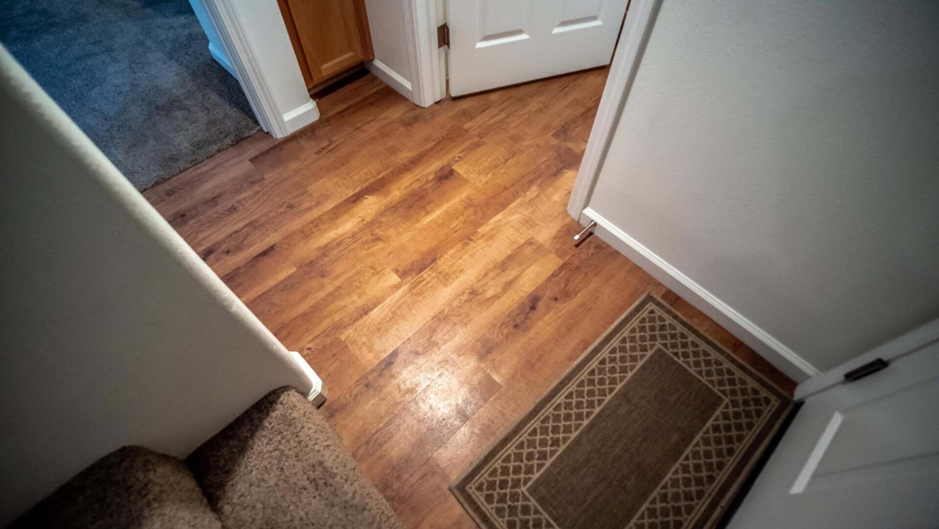 A door way with a rug and wooden floor